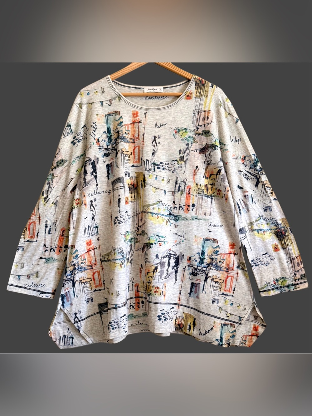 JESS & JANE Artsy Art-To-Wear Lagenlook Minimalist Chic Boho Graphic Tunic Sz XL